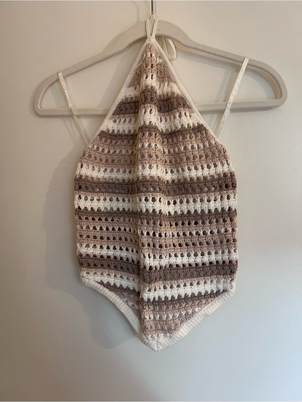 Abercrombie & Fitch Crochet Halter Tank Top in Cream and Brown Stripes